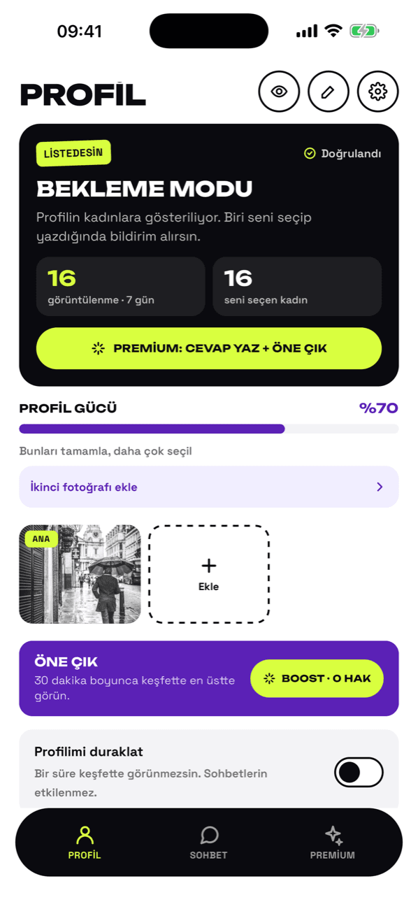 OnlyMens profil ekranı: bekleme modu